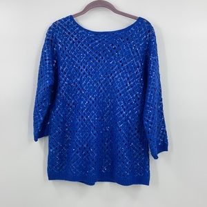 Blue crochet vibe knit sweater with sequins